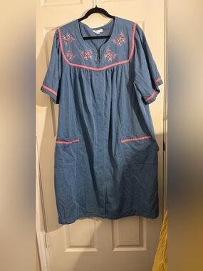 Go Softly Lounge Blue Embroidered Butterflies Snap-Front Dress Pockets 3X